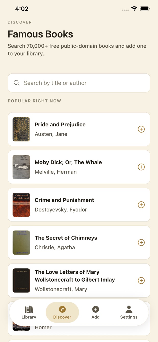 Voxeli Discover screen listing popular free classics like Pride and Prejudice and Moby Dick