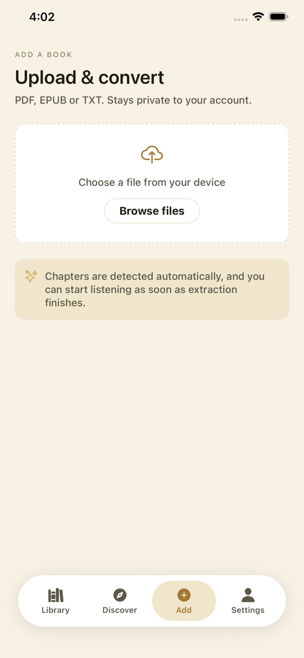 Voxeli upload screen accepting PDF, EPUB or TXT files